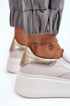 Skórzane Buty Sportowe Damskie na Platformie Białe Lemar Manish