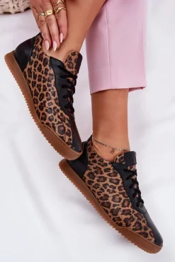Skórzane Buty Sportowe Damskie W Panterkę Laura Messi 2935 Brązowe