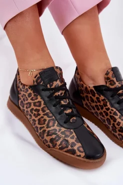 Skórzane Buty Sportowe Damskie W Panterkę Laura Messi 2935 Brązowe