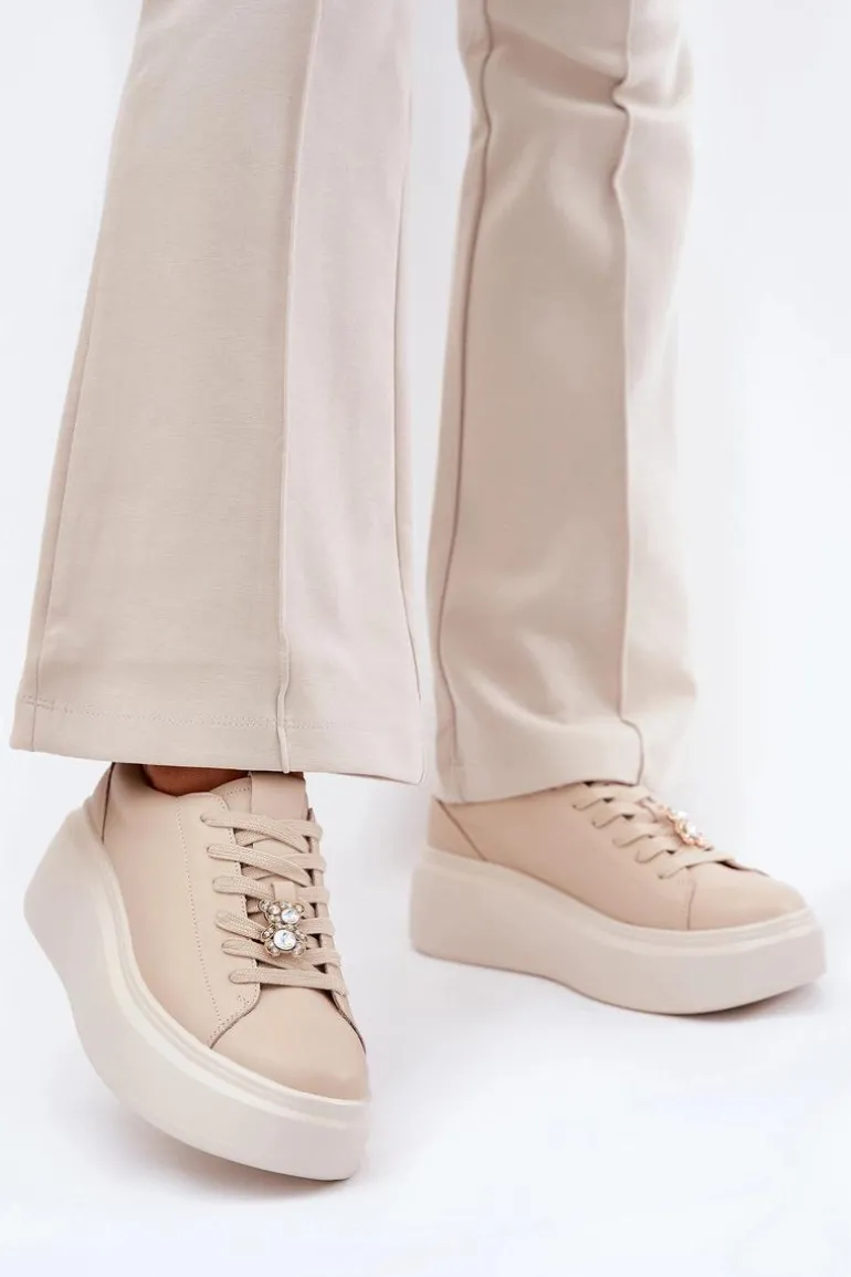 Skórzane Buty Sportowe Damskie Na Platformie Z Przypinką Vinceza 39922 Beżowe