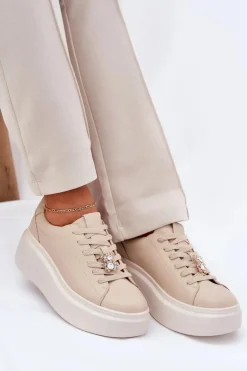 Skórzane Buty Sportowe Damskie Na Platformie Z Przypinką Vinceza 39922 Beżowe