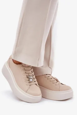 Skórzane Buty Sportowe Damskie Na Platformie Z Przypinką Vinceza 39922 Beżowe