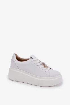 Skórzane Buty Sportowe Damskie Na Platformie Z Przypinką Vinceza 39922 Białe