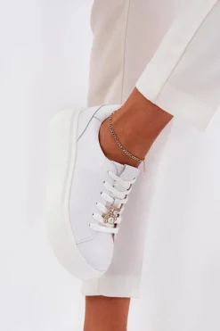 Skórzane Buty Sportowe Damskie Na Platformie Z Przypinką Vinceza 39922 Białe