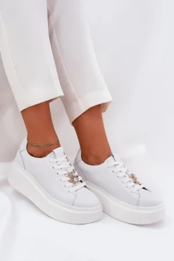 Skórzane Buty Sportowe Damskie Na Platformie Z Przypinką Vinceza 39922 Białe