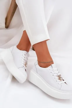 Skórzane Buty Sportowe Damskie Na Platformie Z Przypinką Vinceza 39922 Białe
