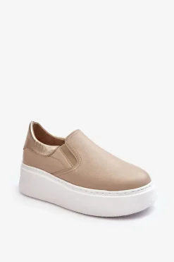 Skórzane Buty Sportowe Damskie na Platformie Beżowe Lemar Manish