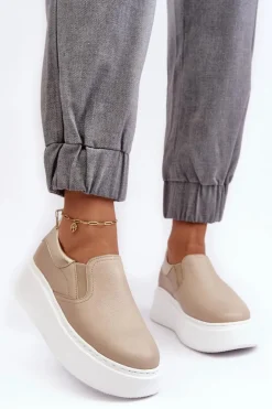 Skórzane Buty Sportowe Damskie na Platformie Beżowe Lemar Manish