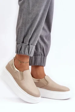 Skórzane Buty Sportowe Damskie na Platformie Beżowe Lemar Manish