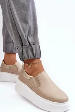 Skórzane Buty Sportowe Damskie na Platformie Beżowe Lemar Manish