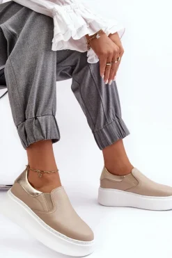 Skórzane Buty Sportowe Damskie na Platformie Beżowe Lemar Manish