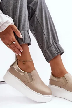 Skórzane Buty Sportowe Damskie na Platformie Beżowe Lemar Manish