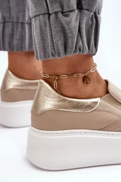 Skórzane Buty Sportowe Damskie na Platformie Beżowe Lemar Manish