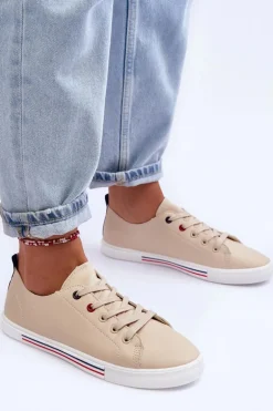 Skórzane Buty Sportowe Damskie Beżowe Mossaia