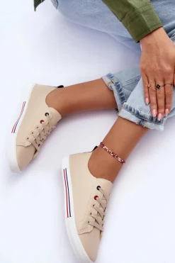 Skórzane Buty Sportowe Damskie Beżowe Mossaia