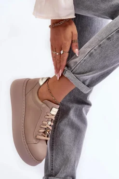 Skórzane Buty Sportowe Na Platformie Maciejka 06191-04 Beżowe