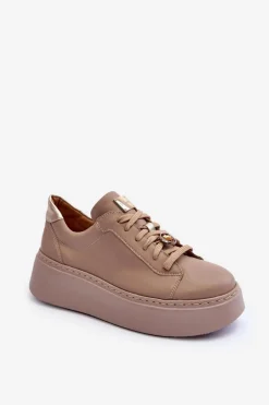 Skórzane Buty Sportowe Na Platformie Maciejka 06191-04 Beżowe