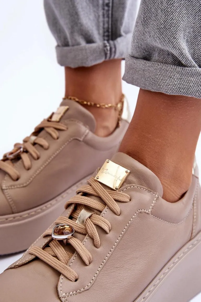 Skórzane Buty Sportowe Na Platformie Maciejka 06191-04 Beżowe