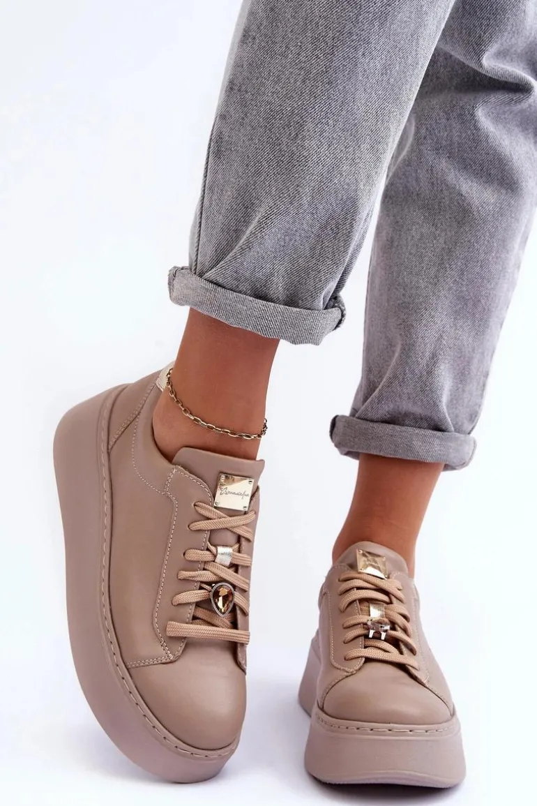 Skórzane Buty Sportowe Na Platformie Maciejka 06191-04 Beżowe