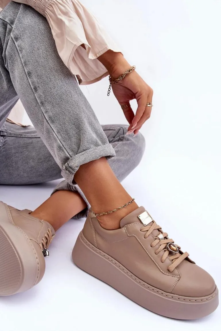 Skórzane Buty Sportowe Na Platformie Maciejka 06191-04 Beżowe