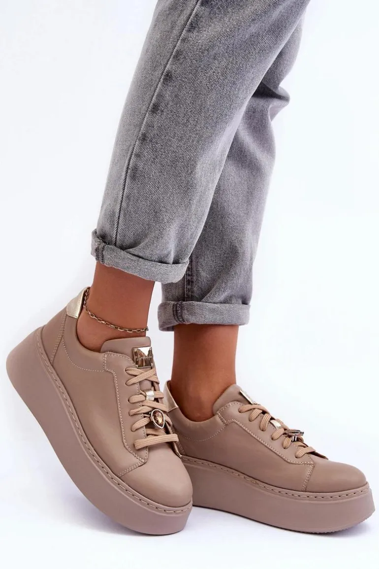 Skórzane Buty Sportowe Na Platformie Maciejka 06191-04 Beżowe