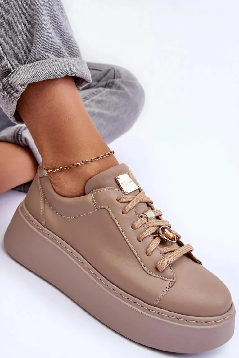 Skórzane Buty Sportowe Na Platformie Maciejka 06191-04 Beżowe