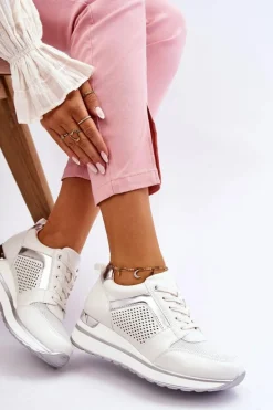 Skórzane Buty Sportowe Na Niewysokim Koturnie Białe Braylen