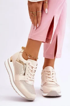 Skórzane Buty Sportowe Na Niewysokim Koturnie Beżowe Braylen