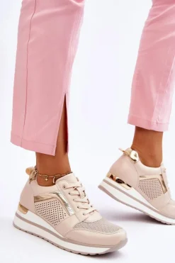 Skórzane Buty Sportowe Na Niewysokim Koturnie Beżowe Braylen