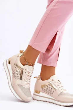 Skórzane Buty Sportowe Na Niewysokim Koturnie Beżowe Braylen