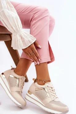 Skórzane Buty Sportowe Na Niewysokim Koturnie Beżowe Braylen