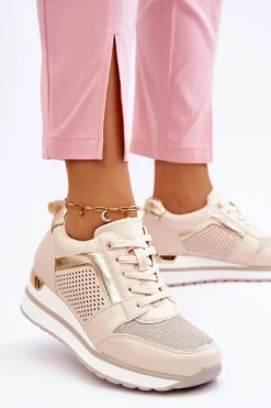 Skórzane Buty Sportowe Na Niewysokim Koturnie Beżowe Braylen