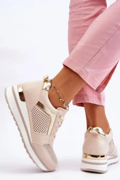 Skórzane Buty Sportowe Na Niewysokim Koturnie Beżowe Braylen