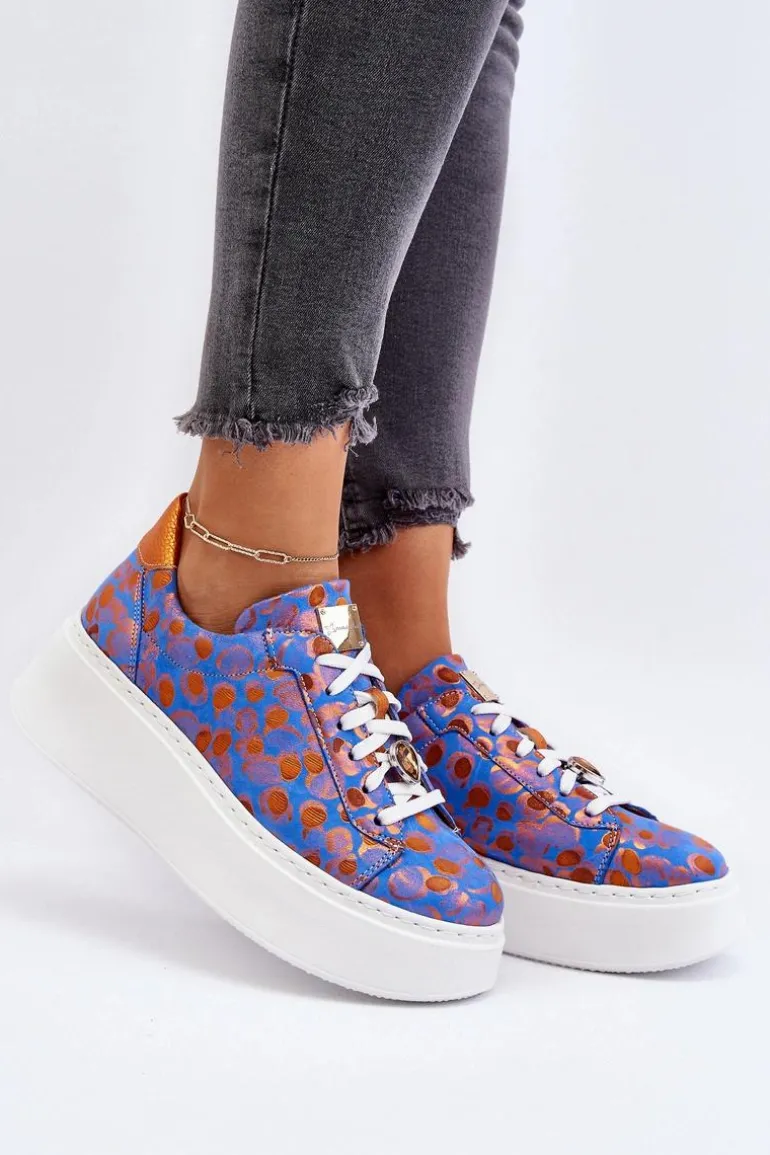 Skórzane Buty Sportowe Na Platformie Maciejka 06191-06 Niebieskie