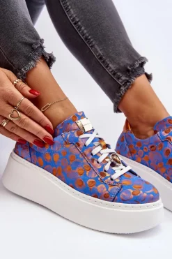 Skórzane Buty Sportowe Na Platformie Maciejka 06191-06 Niebieskie