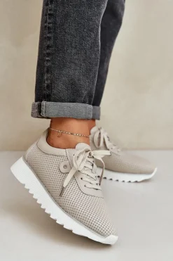 Skórzane Buty Sportowe Na Platformie Z Brokatem D&A LR51-629 Beżowe