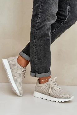 Skórzane Buty Sportowe Na Platformie Z Brokatem D&A LR51-629 Beżowe