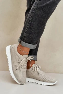 Skórzane Buty Sportowe Na Platformie Z Brokatem D&A LR51-629 Beżowe