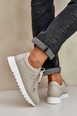 Skórzane Buty Sportowe Na Platformie Z Brokatem D&A LR51-629 Beżowe