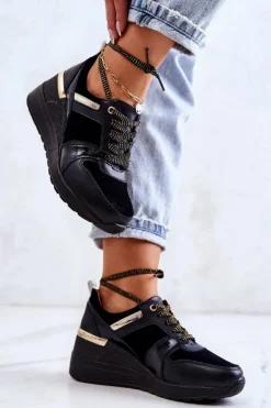 Skórzane Buty Sportowe Na Koturnie Czarne Rayana