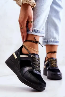 Skórzane Buty Sportowe Na Koturnie Czarne Rayana