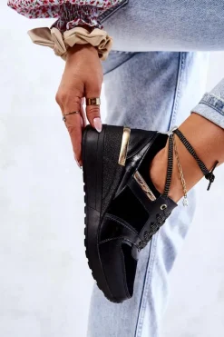 Skórzane Buty Sportowe Na Koturnie Czarne Rayana