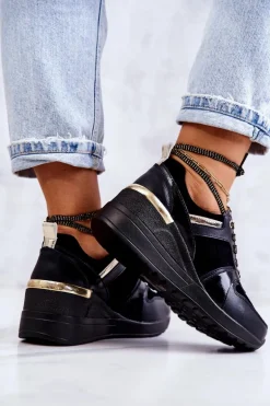 Skórzane Buty Sportowe Na Koturnie Czarne Rayana