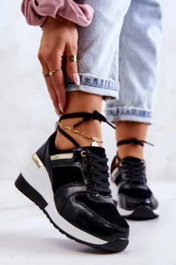 Skórzane Buty Sportowe Na Koturnie Czarno-Białe Rayana