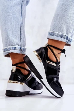 Skórzane Buty Sportowe Na Koturnie Czarno-Białe Rayana