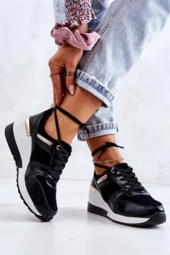 Skórzane Buty Sportowe Na Koturnie Czarno-Białe Rayana