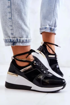 Skórzane Buty Sportowe Na Koturnie Czarno-Białe Rayana