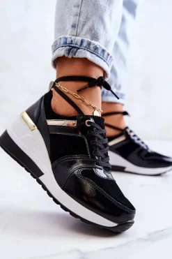 Skórzane Buty Sportowe Na Koturnie Czarno-Białe Rayana