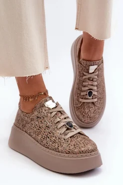 Skórzane Buty Sportowe Na Platformie Maciejka 06191-10 Beżowe