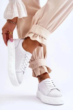 Skórzane Buty Sportowe Na Masywnej Platformie Białe Montigo